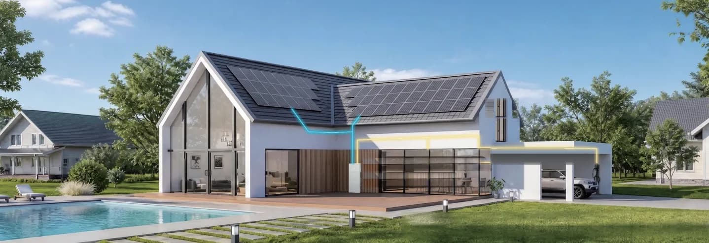 Maison avec panneaux solaires, batterie et borne de recharge