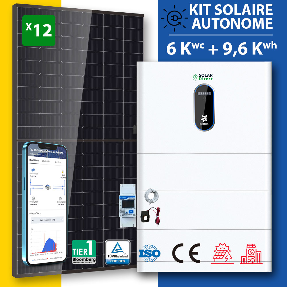 Kit Solaire Hybride Solar Direct Groupe by SWATTEN – 9,6 kWh de Stockage avec Onduleur 6 kW Optez pour l’autoconsommation intelligente avec le kit solaire SWATTEN, une solution complète et performante comprenant : Onduleur hybride 6 kW pour une conversion optimale de l’énergie solaire. 3 batteries lithium-fer-phosphate (LiFePO4) de 3,2 kWh (total 9,6 kWh de stockage) pour une autonomie durable. Gestion intelligente de l’énergie pour maximiser l’autoconsommation et réduire votre facture d’électricité. Fonction UPS (alimentation sans interruption) pour une protection contre les coupures de courant.